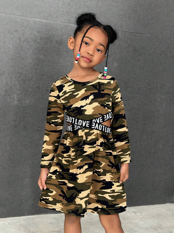 Streecool Kids Girls Casual Versatile Sport Classic Camouflage Round Neck Long Sleeve Waist Cross Letter Ribbon Cropped Dress