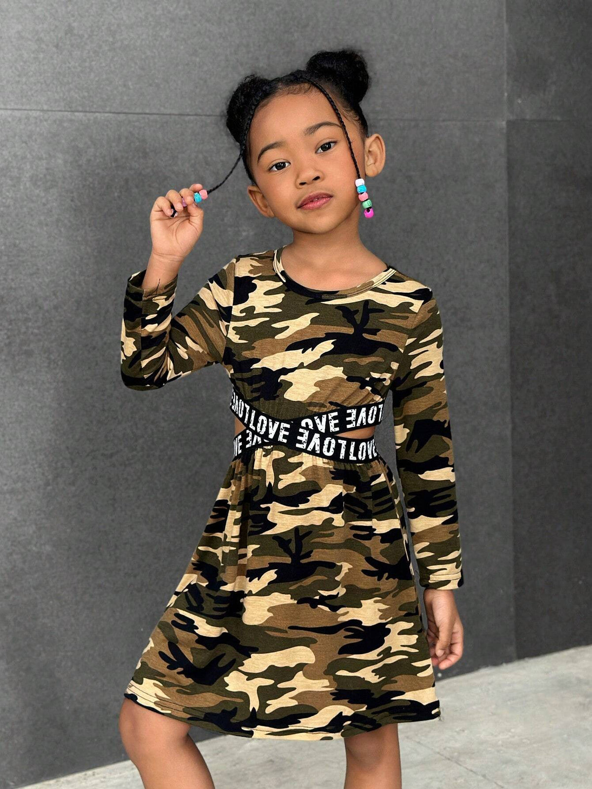 Streecool Kids Girls Casual Versatile Sport Classic Camouflage Round Neck Long Sleeve Waist Cross Letter Ribbon Cropped Dress