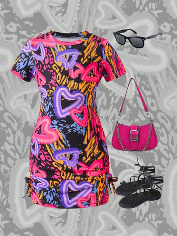 Streecool Kids Girls Y2K Stylish Colorful Heart & Leopard Print Side Ruffle Short Sleeve Bodycon Mini Dress
