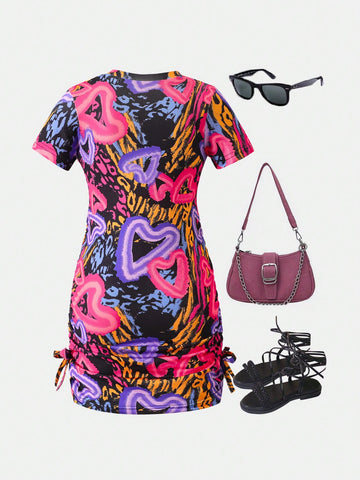 Streecool Kids Girls Y2K Stylish Colorful Heart & Leopard Print Side Ruffle Short Sleeve Bodycon Mini Dress