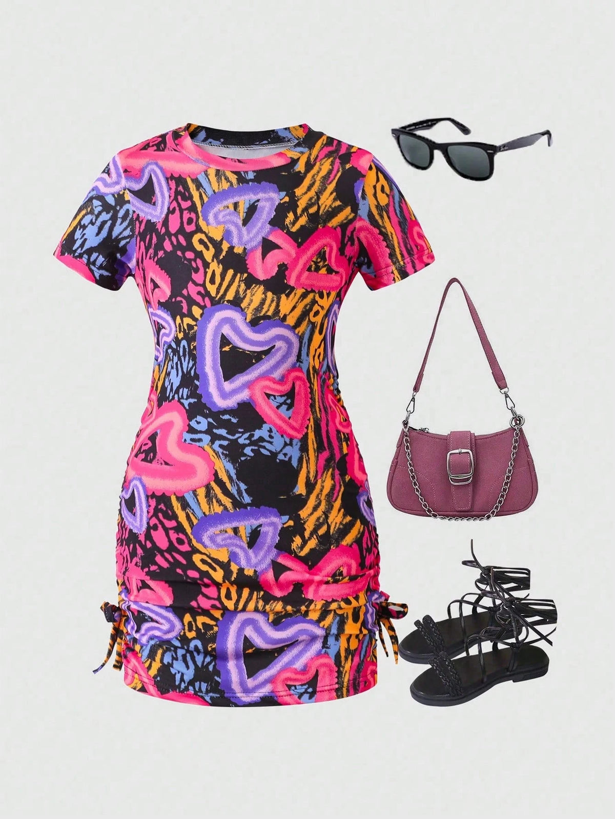 Streecool Kids Girls Y2K Stylish Colorful Heart & Leopard Print Side Ruffle Short Sleeve Bodycon Mini Dress