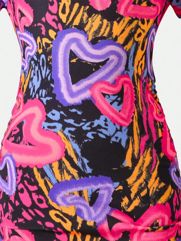 Streecool Kids Girls Y2K Stylish Colorful Heart & Leopard Print Side Ruffle Short Sleeve Bodycon Mini Dress
