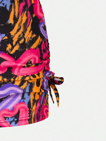Streecool Kids Girls Y2K Stylish Colorful Heart & Leopard Print Side Ruffle Short Sleeve Bodycon Mini Dress