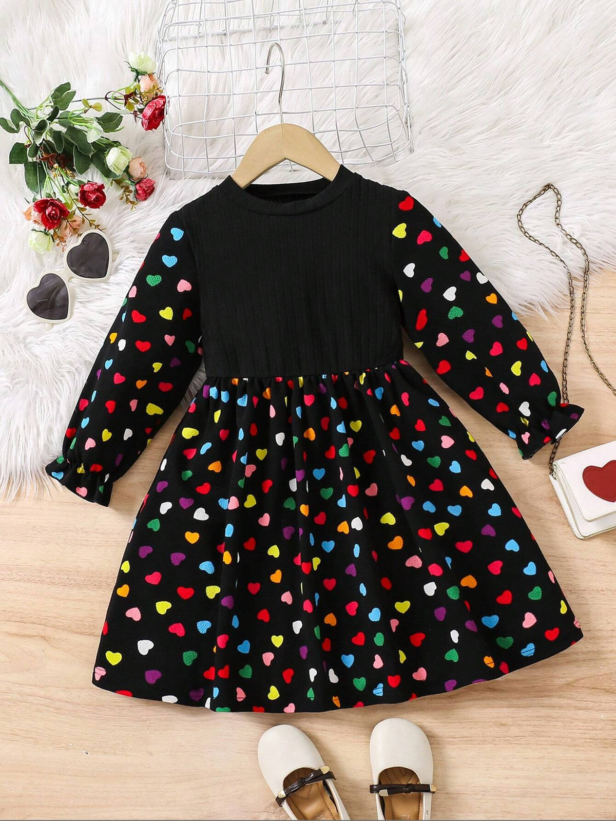 Streecool Kids Heart Print Round Neck Casual Versatile Long Sleeve Dress For Young Girl