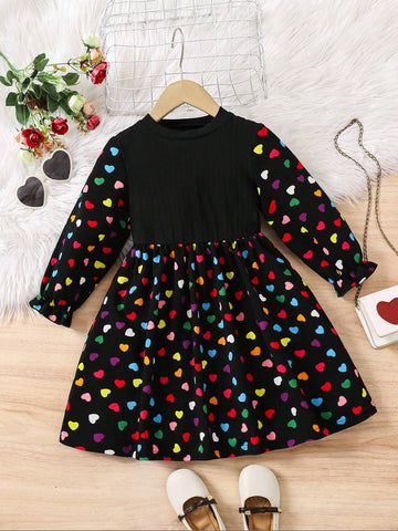 Streecool Kids Heart Print Round Neck Casual Versatile Long Sleeve Dress For Young Girl