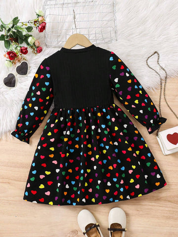 Streecool Kids Heart Print Round Neck Casual Versatile Long Sleeve Dress For Young Girl