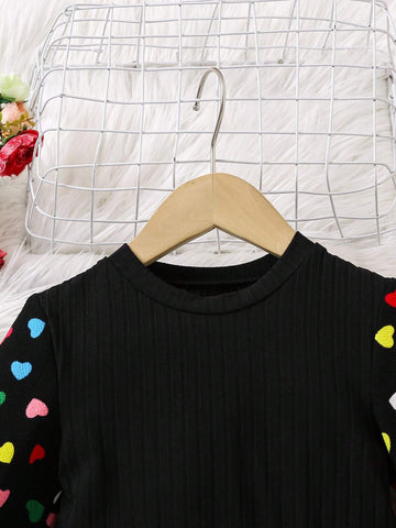Streecool Kids Heart Print Round Neck Casual Versatile Long Sleeve Dress For Young Girl