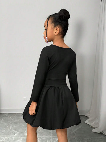Streecool Kids Mother-Daughter Matching Girls Casual Elegant Midi Dress With Ruffle Hem, Slim Fit Round Neck Long Sleeve Versatile Dress