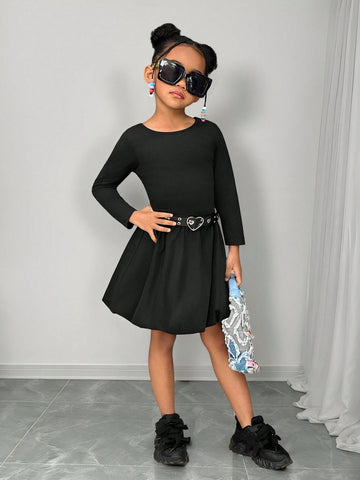 Streecool Kids Mother-Daughter Matching Girls Casual Elegant Midi Dress With Ruffle Hem, Slim Fit Round Neck Long Sleeve Versatile Dress