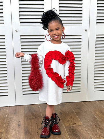 Streecool Kids Ruffle Hem Heart Graphic Round Neck Long Sleeve Casual Dress For Young Girls