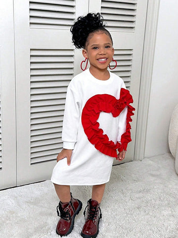 Streecool Kids Ruffle Hem Heart Graphic Round Neck Long Sleeve Casual Dress For Young Girls