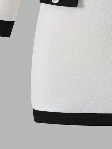 Toddler Girls Elegant & Luxurious Fashionable Black & White Contrast Trim Decorated Fitted Round Neck Long Sleeve Bodycon Short Dress