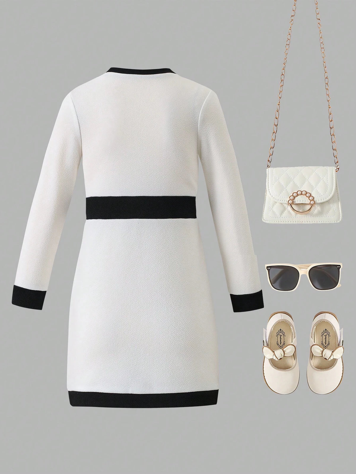 Toddler Girls Elegant & Luxurious Fashionable Black & White Contrast Trim Decorated Fitted Round Neck Long Sleeve Bodycon Short Dress