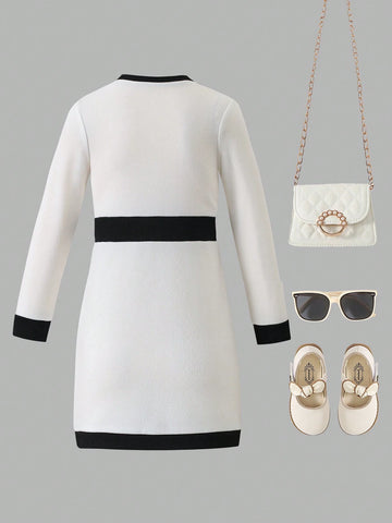 Toddler Girls Elegant & Luxurious Fashionable Black & White Contrast Trim Decorated Fitted Round Neck Long Sleeve Bodycon Short Dress
