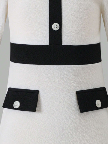 Toddler Girls Elegant & Luxurious Fashionable Black & White Contrast Trim Decorated Fitted Round Neck Long Sleeve Bodycon Short Dress