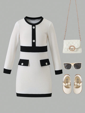 Toddler Girls Elegant & Luxurious Fashionable Black & White Contrast Trim Decorated Fitted Round Neck Long Sleeve Bodycon Short Dress