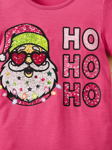Streecool Kids Y2K Style Girls Christmas Party Casual Basic Cute Sweet American Vintage Santa Claus Graphic Fuchsia Round Neck Short Sleeve Fitted Mini Dress