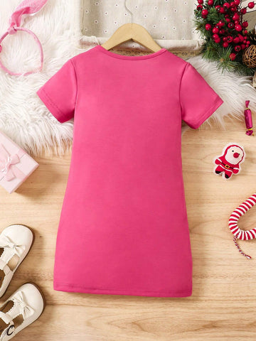 Streecool Kids Y2K Style Girls Christmas Party Casual Basic Cute Sweet American Vintage Santa Claus Graphic Fuchsia Round Neck Short Sleeve Fitted Mini Dress