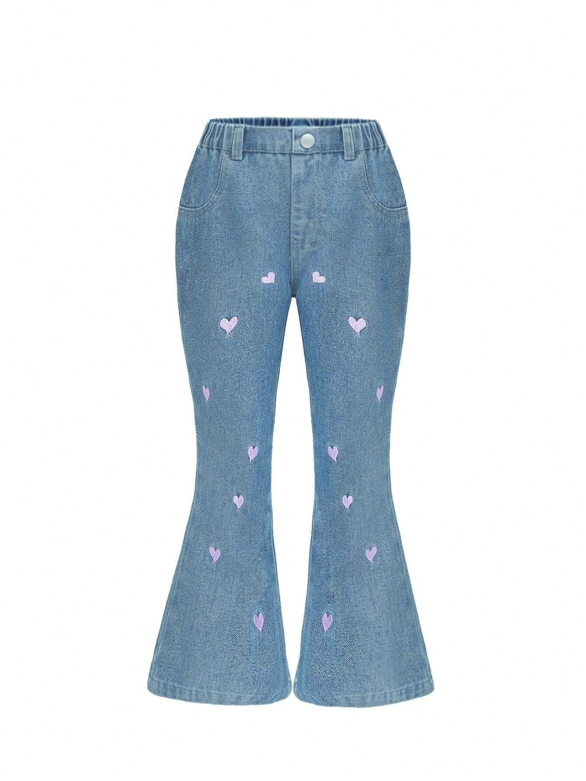 Streecool Kids Young Girl Blue Washed Relaxed Casual Heart Shaped Flare Jeans, Stylish Simple Design For Daily Wear