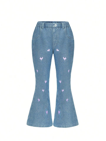 Streecool Kids Young Girl Blue Washed Relaxed Casual Heart Shaped Flare Jeans, Stylish Simple Design For Daily Wear