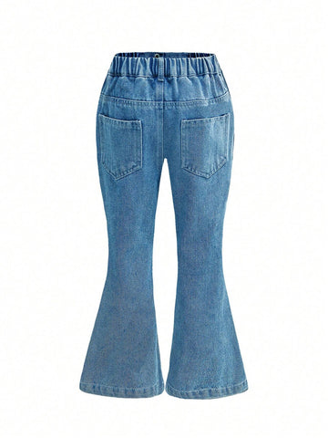 Streecool Kids Young Girl Blue Washed Relaxed Casual Heart Shaped Flare Jeans, Stylish Simple Design For Daily Wear