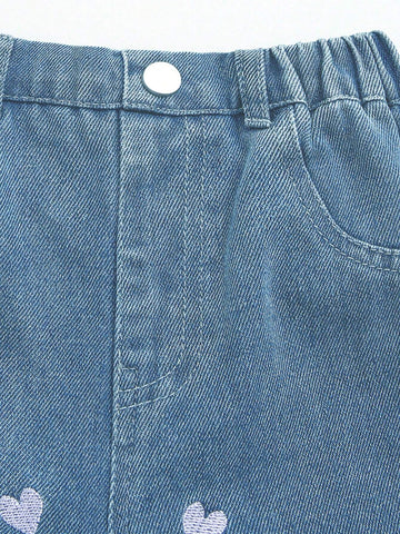 Streecool Kids Young Girl Blue Washed Relaxed Casual Heart Shaped Flare Jeans, Stylish Simple Design For Daily Wear