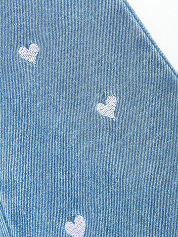 Streecool Kids Young Girl Blue Washed Relaxed Casual Heart Shaped Flare Jeans, Stylish Simple Design For Daily Wear