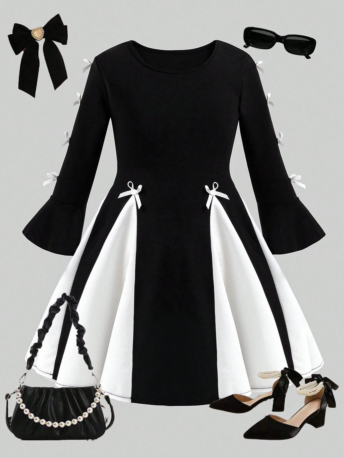 Streecool Kids Young Girl Bow Decor Round Neck Long Sleeve Color Block Elegant Black And White Dress