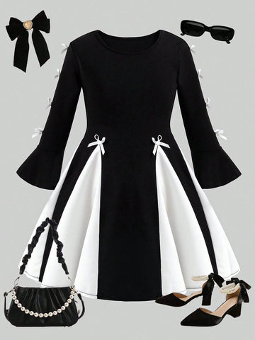 Streecool Kids Young Girl Bow Decor Round Neck Long Sleeve Color Block Elegant Black And White Dress