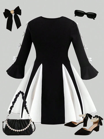 Streecool Kids Young Girl Bow Decor Round Neck Long Sleeve Color Block Elegant Black And White Dress