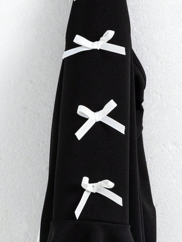 Streecool Kids Young Girl Bow Decor Round Neck Long Sleeve Color Block Elegant Black And White Dress