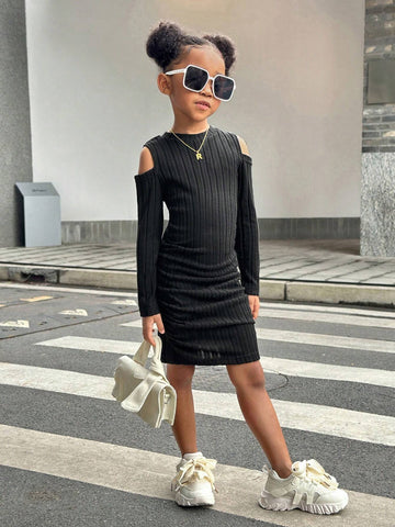 Streecool Kids Young Girl Casual Textured Fabric Ruffle Ruffle Long Sleeve Dress