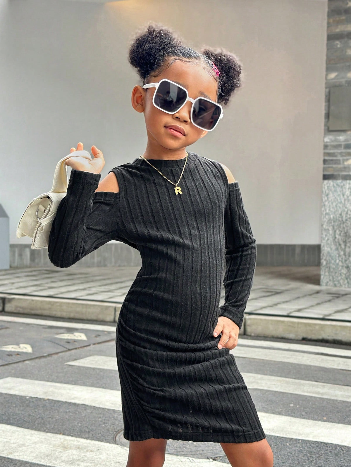 Streecool Kids Young Girl Casual Textured Fabric Ruffle Ruffle Long Sleeve Dress