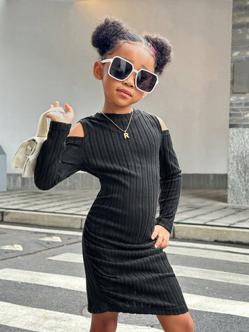 Streecool Kids Young Girl Casual Textured Fabric Ruffle Ruffle Long Sleeve Dress