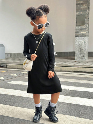 Streecool Kids Young Girl Comfortable Casual Long Sleeve Dress With Bow Decor