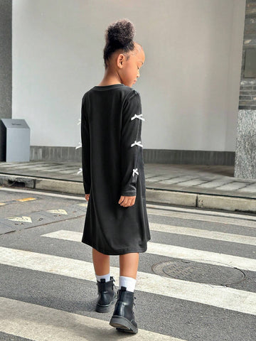 Streecool Kids Young Girl Comfortable Casual Long Sleeve Dress With Bow Decor