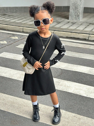 Streecool Kids Young Girl Comfortable Casual Long Sleeve Dress With Bow Decor