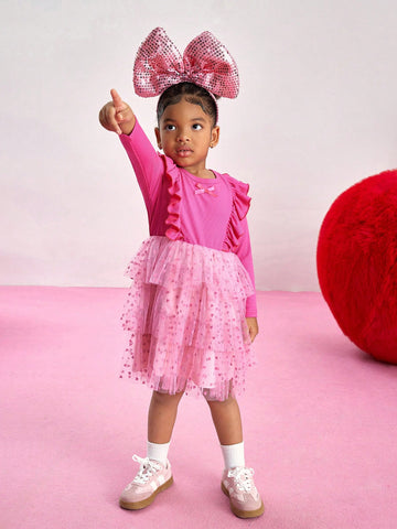Streecool Kids Young Girl Pink & Powder Pink Color Block Heart Mesh Layered Fit & Flare Dress With Long Sleeves, 3D Heart Bow Decor