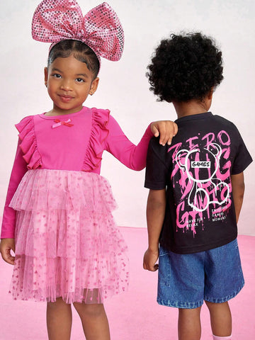 Streecool Kids Young Girl Pink & Powder Pink Color Block Heart Mesh Layered Fit & Flare Dress With Long Sleeves, 3D Heart Bow Decor