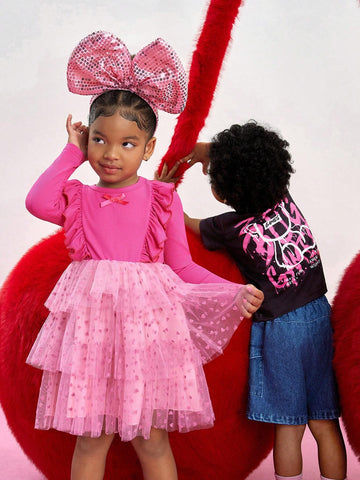 Streecool Kids Young Girl Pink & Powder Pink Color Block Heart Mesh Layered Fit & Flare Dress With Long Sleeves, 3D Heart Bow Decor