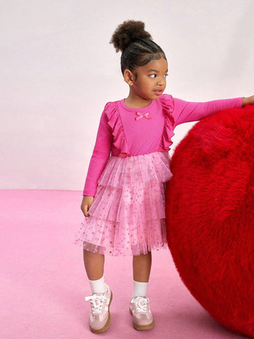 Streecool Kids Young Girl Pink & Powder Pink Color Block Heart Mesh Layered Fit & Flare Dress With Long Sleeves, 3D Heart Bow Decor