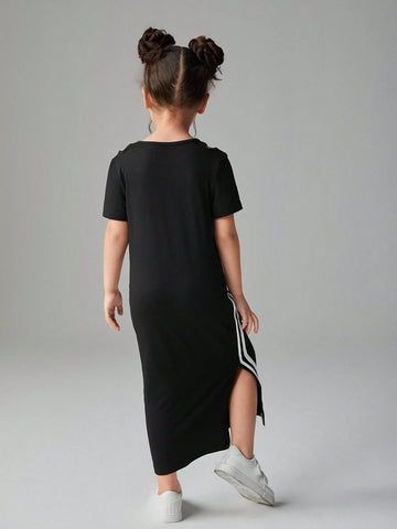 Streecool Kids Young Girl Round Neck Short Sleeve Side Stripe Maxi Casual Dress