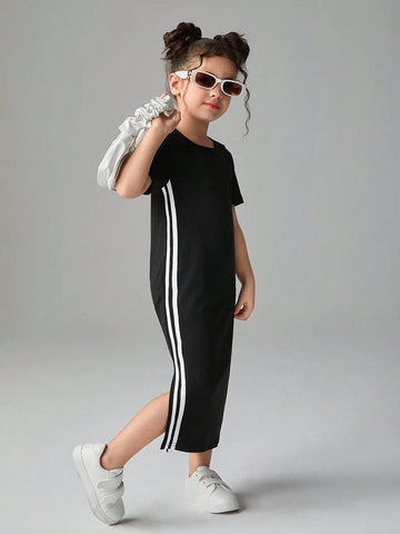 Streecool Kids Young Girl Round Neck Short Sleeve Side Stripe Maxi Casual Dress