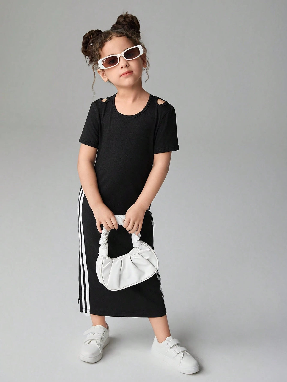 Streecool Kids Young Girl Round Neck Short Sleeve Side Stripe Maxi Casual Dress