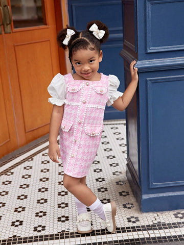 Streecool Kids Young Girl Solid Color Button Front Short Sleeve Casual Dress