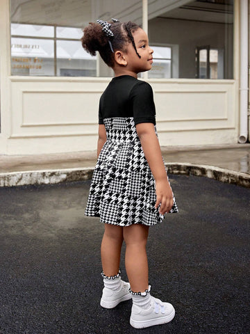 Streecool Kids Young Girls & Toddlers Fashionable Ruffled Hem Plaid Print Sweet Mixed Color Dress, Suitable For Casual Wear