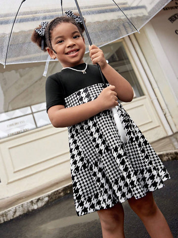 Streecool Kids Young Girls & Toddlers Fashionable Ruffled Hem Plaid Print Sweet Mixed Color Dress, Suitable For Casual Wear