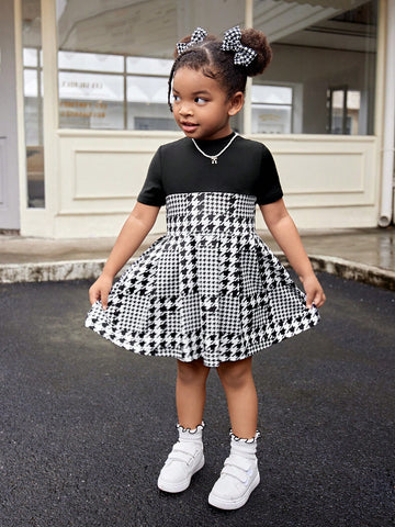 Streecool Kids Young Girls & Toddlers Fashionable Ruffled Hem Plaid Print Sweet Mixed Color Dress, Suitable For Casual Wear