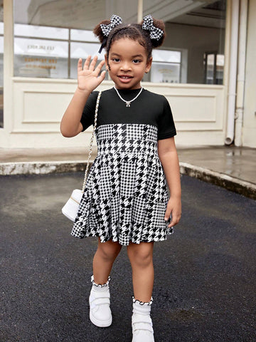 Streecool Kids Young Girls & Toddlers Fashionable Ruffled Hem Plaid Print Sweet Mixed Color Dress, Suitable For Casual Wear