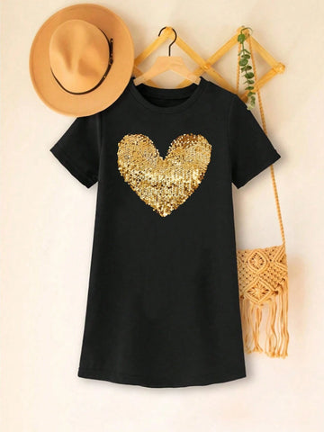 Street-Style Glittery Heart Print Short Sleeve Dress For Little Girls